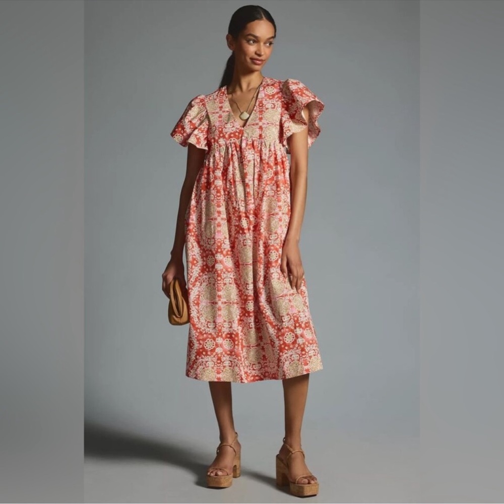 NWT Anthropologie Maeve Printed Flutter-Sleeve Babydoll Dress Size Medium - Picture 2 of 11